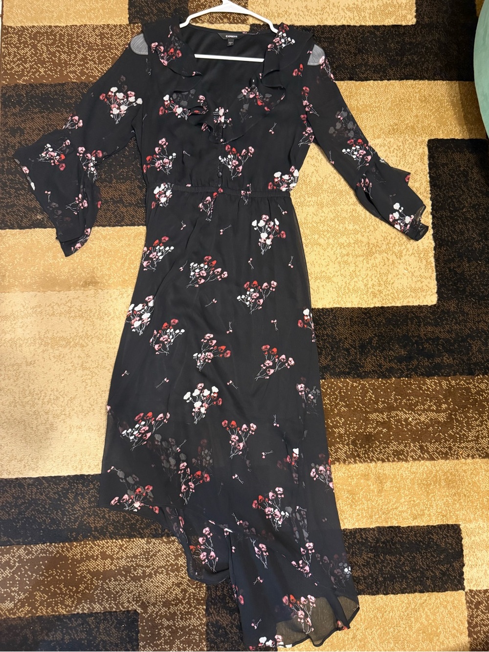 Express Black Floral Ruffle Midi Dress with Pink & White Blooms